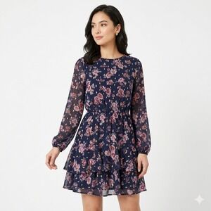 City Studio Floral Tiered Ruffle Mini Dress L Metallic Dot Navy Sheer Whimsygoth